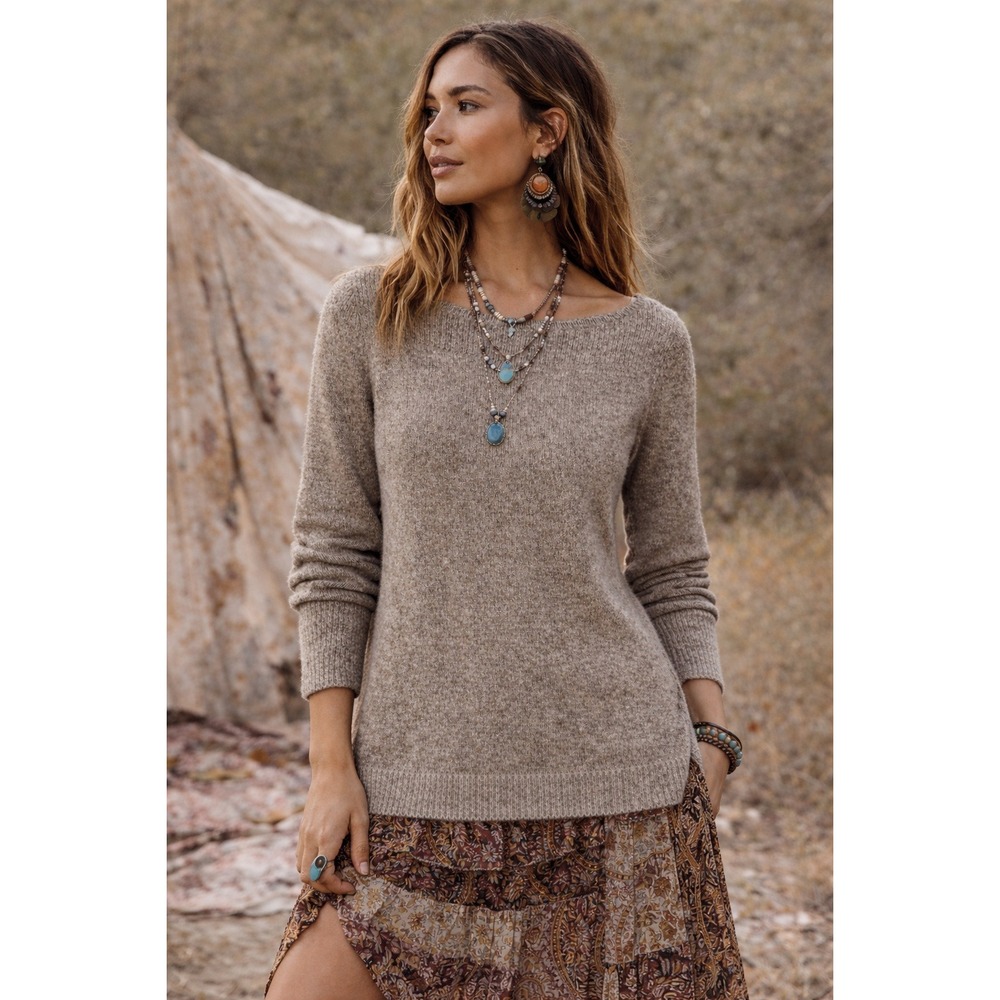 LOFT Boatneck Knit Sweater Women Small Taupe Ribbed Yoke Boho Earthy NWOT